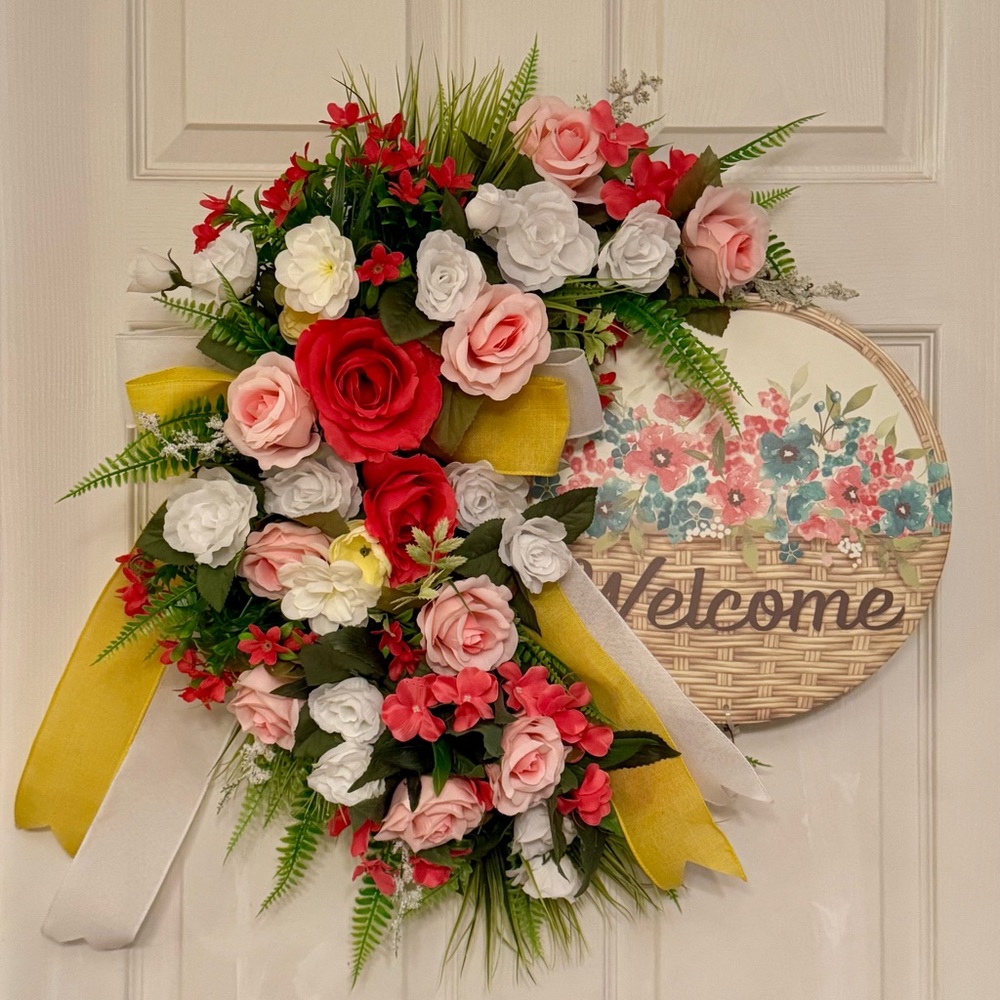 Floral Welcome Grapevine Wreath with Hot and light Pink and white Roses